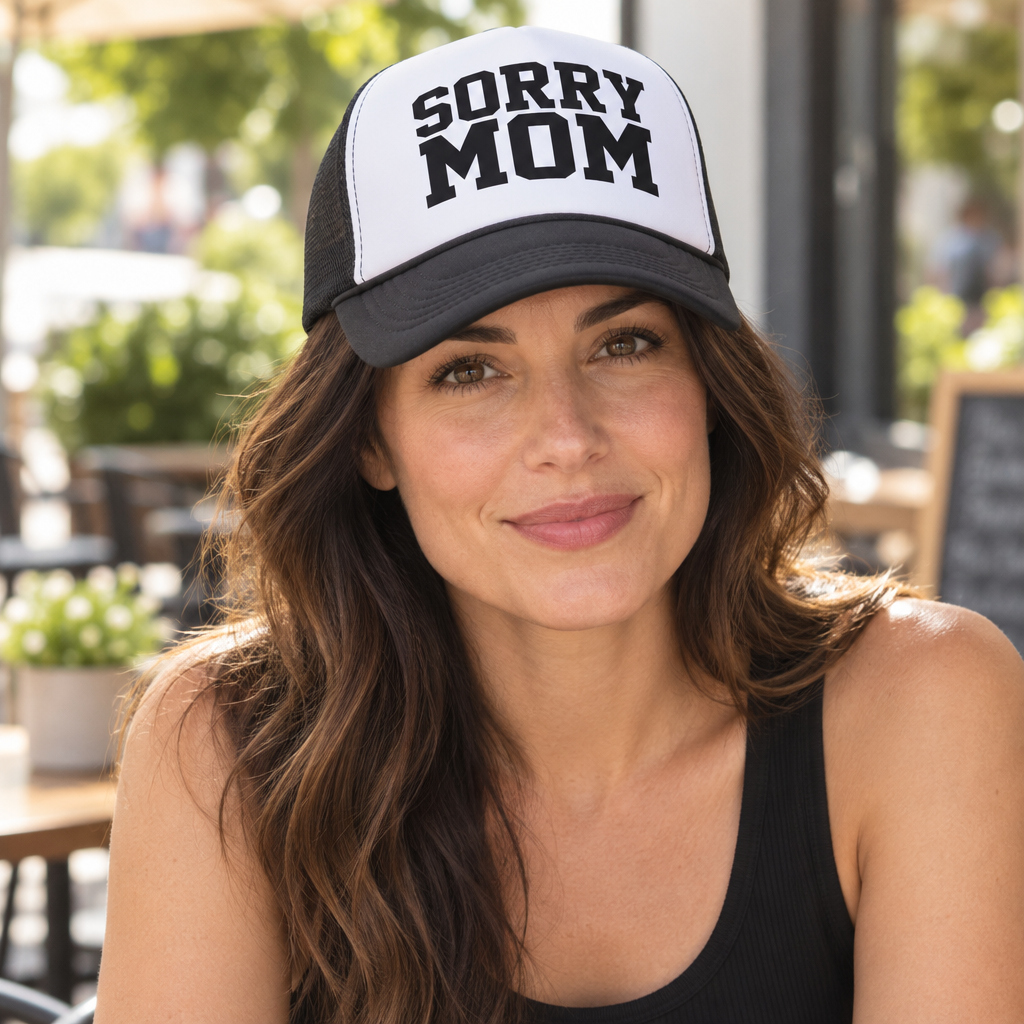 Sorry Mom — Black Trucker Hat — lifestyle hero
