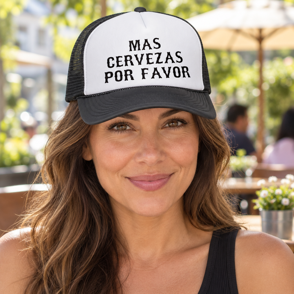 Mas Cervezas Por Favor — Black Trucker Hat — lifestyle hero
