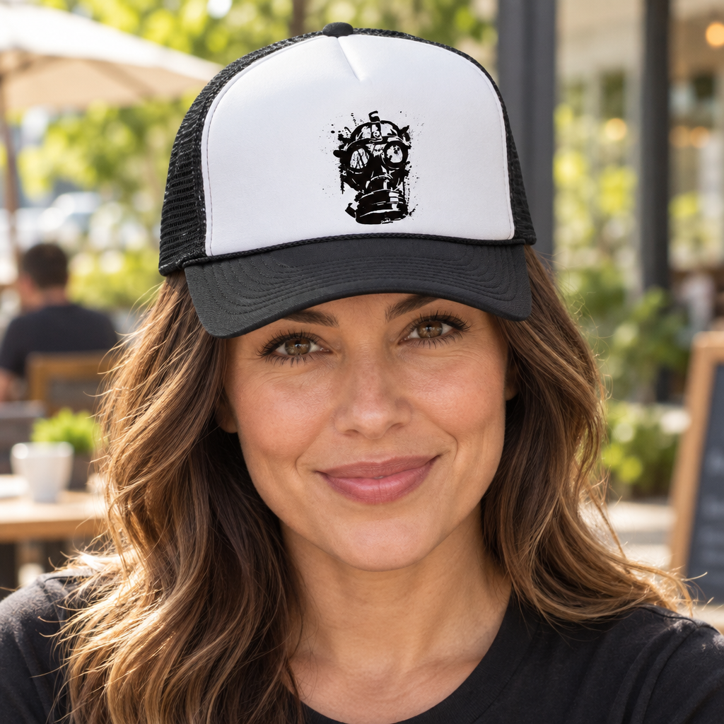 Old School Gas Mask — Black Trucker Hat — lifestyle hero