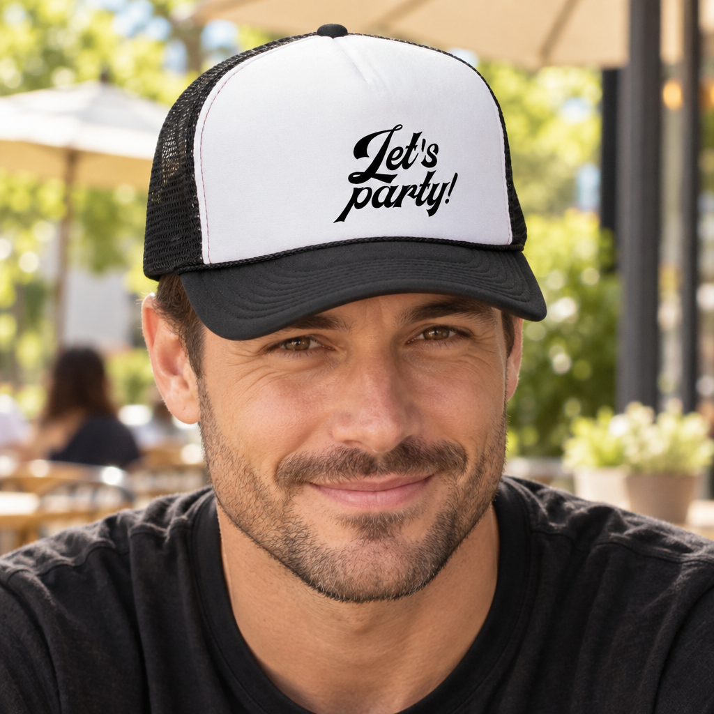 Let's Party — Black Trucker Hat — lifestyle hero