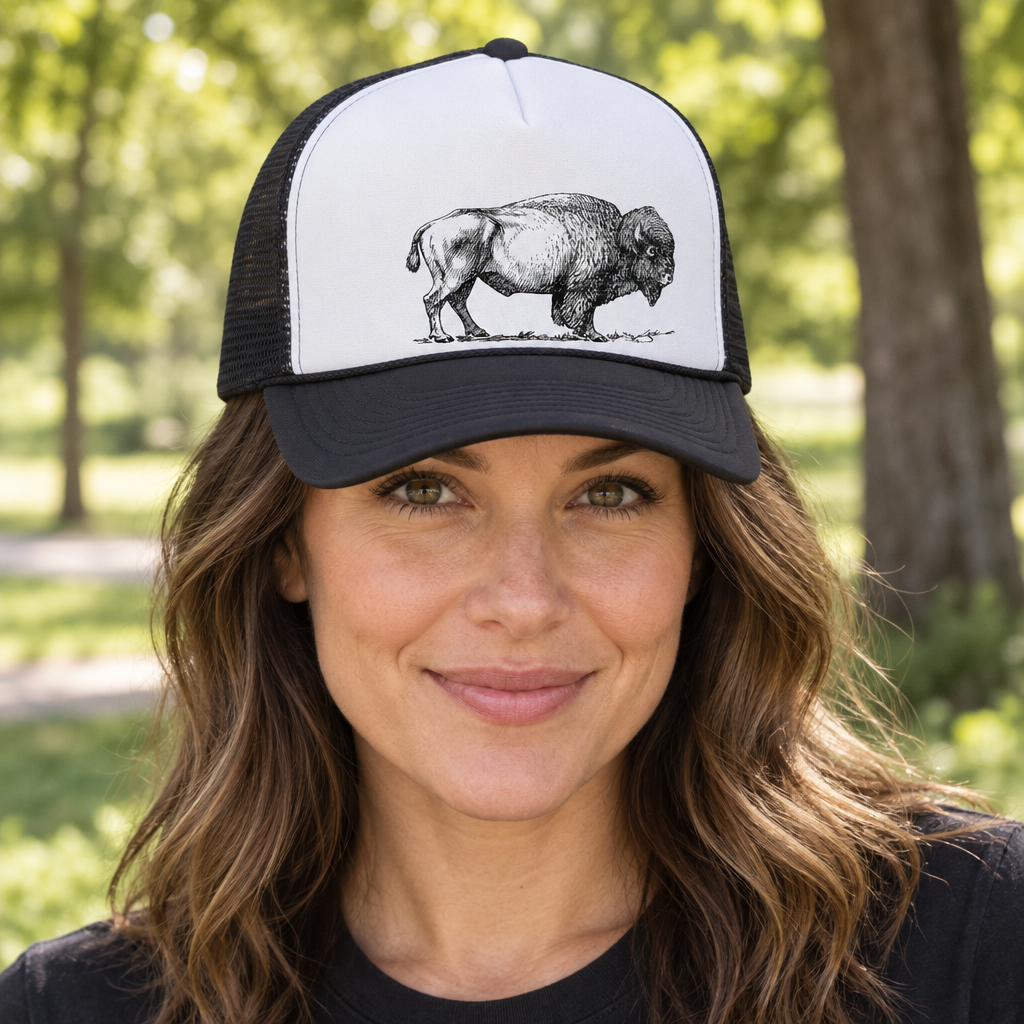 American Bison — Black Trucker Hat — lifestyle hero