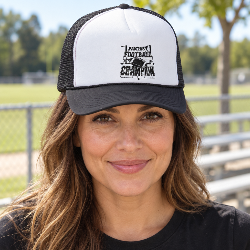 Fantasy Football Champion — Black Trucker Hat — lifestyle hero