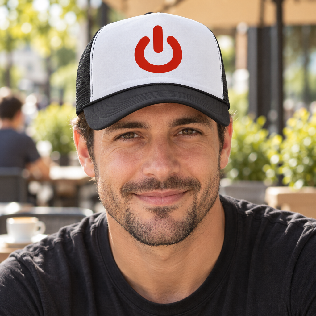 Power Button — Black Trucker Hat — lifestyle hero