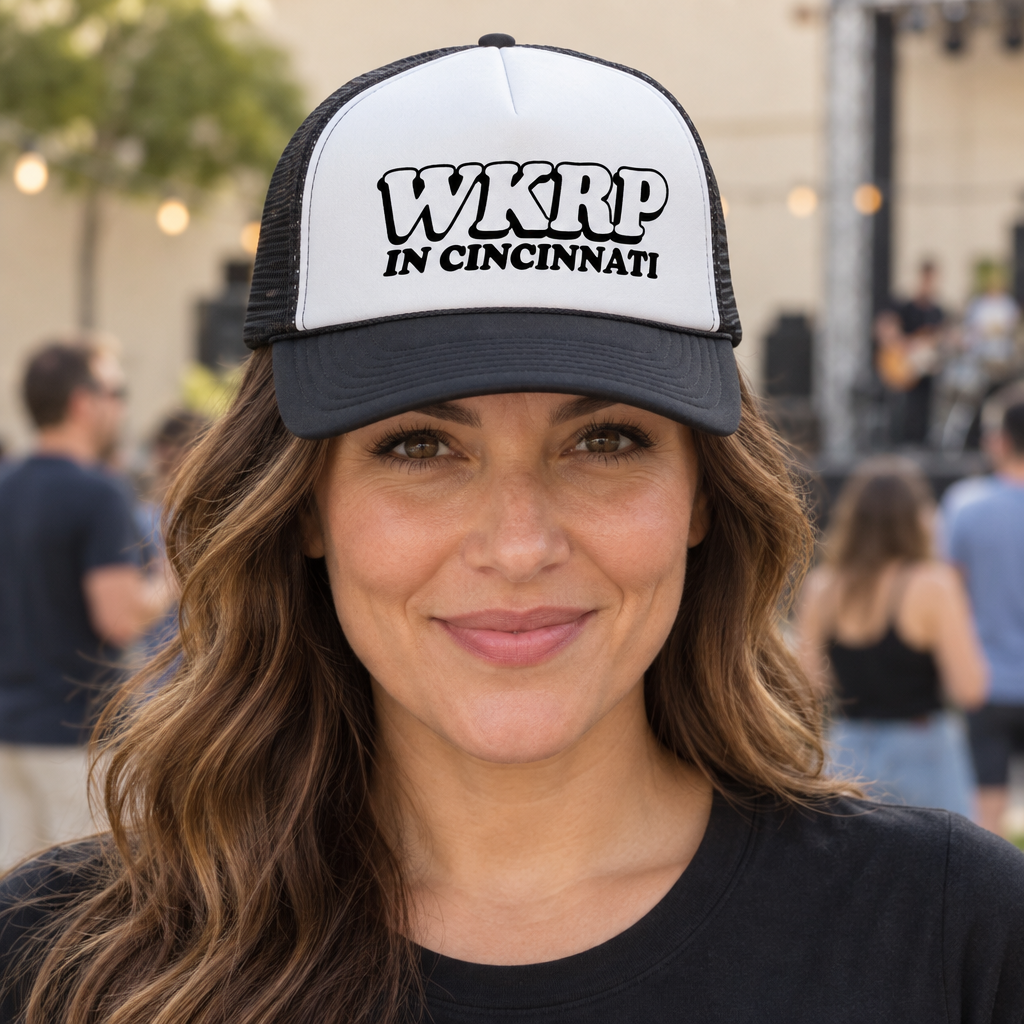 WKRP Cincinnati — Black Trucker Hat — lifestyle hero