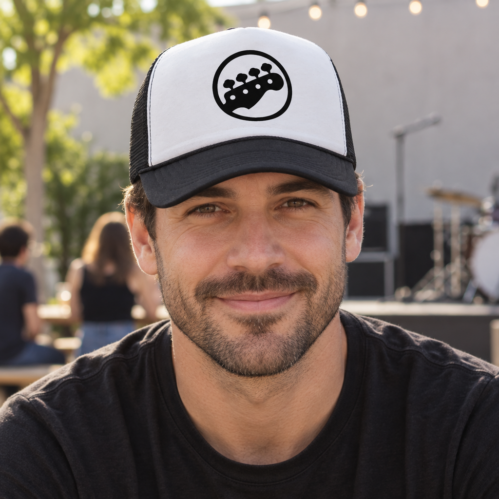 Bass Clef Pegs — Black Trucker Hat — lifestyle hero