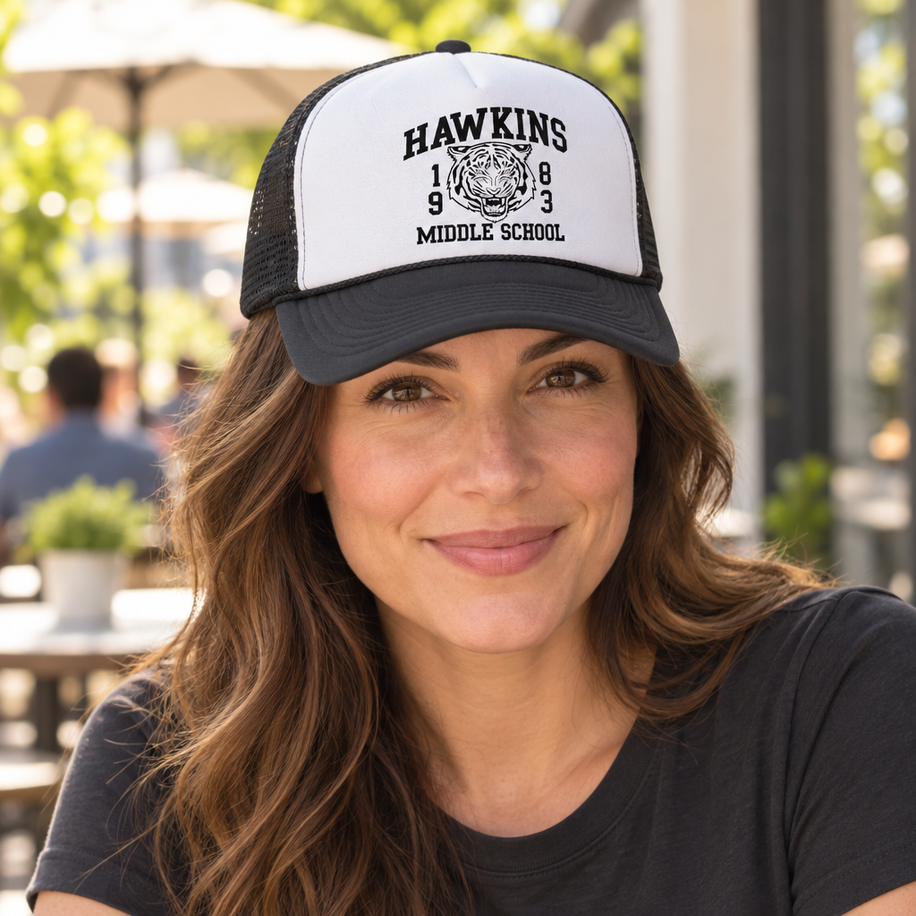 Hawkins Middle School — Black Trucker Hat — lifestyle hero