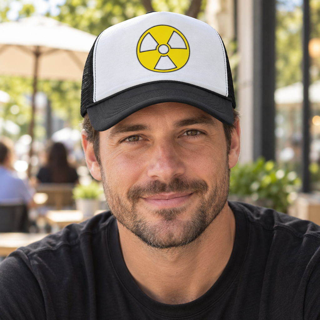 Radioactive Symbol — Black Trucker Hat — lifestyle hero