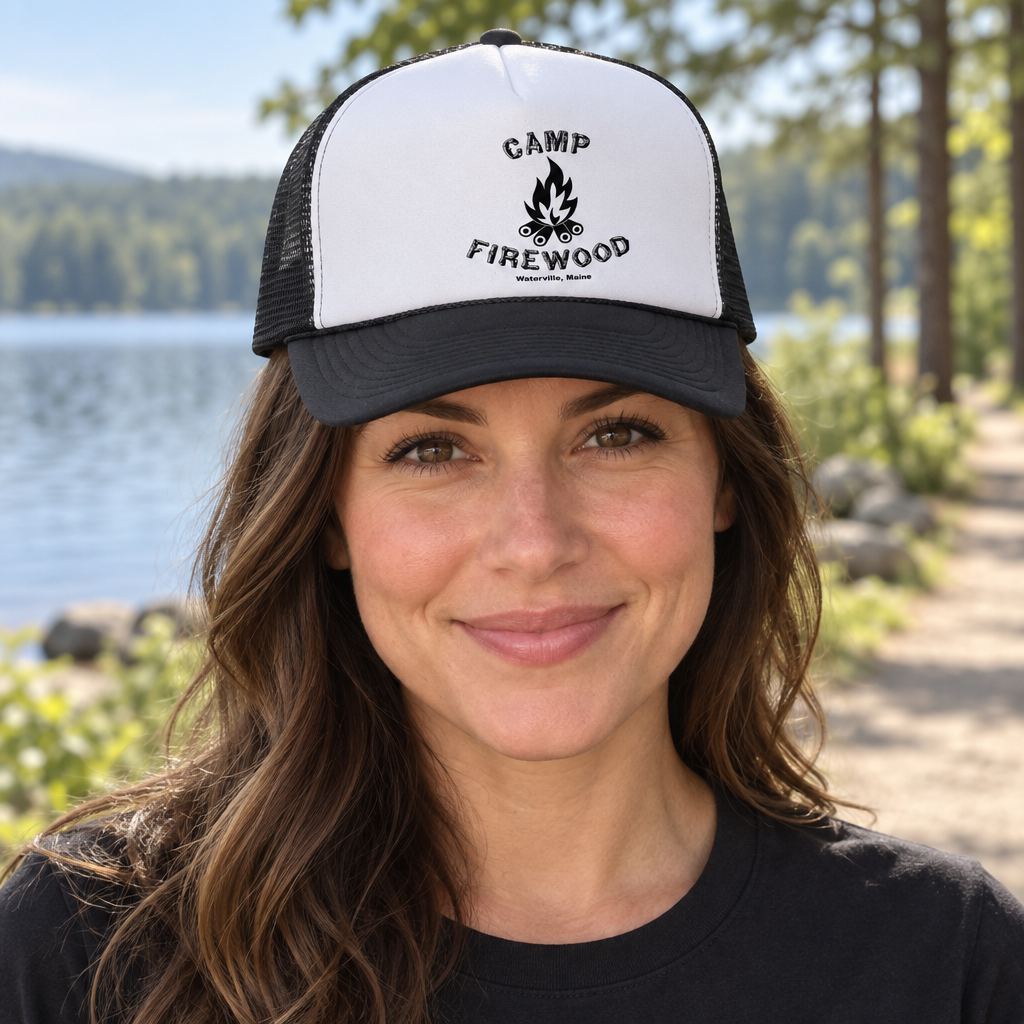 Camp Firewood — Black Trucker Hat — lifestyle hero