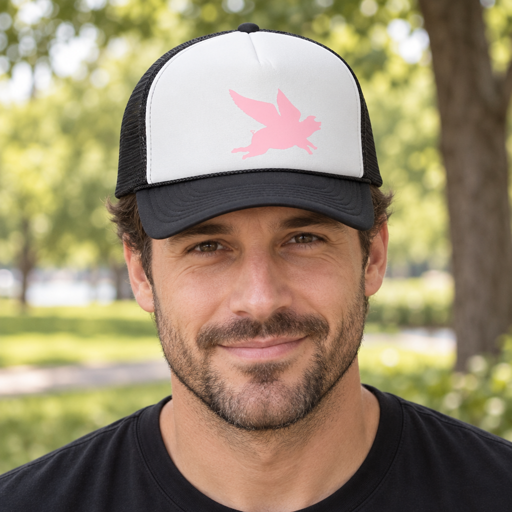 Flying Pig — Black Trucker Hat — lifestyle hero