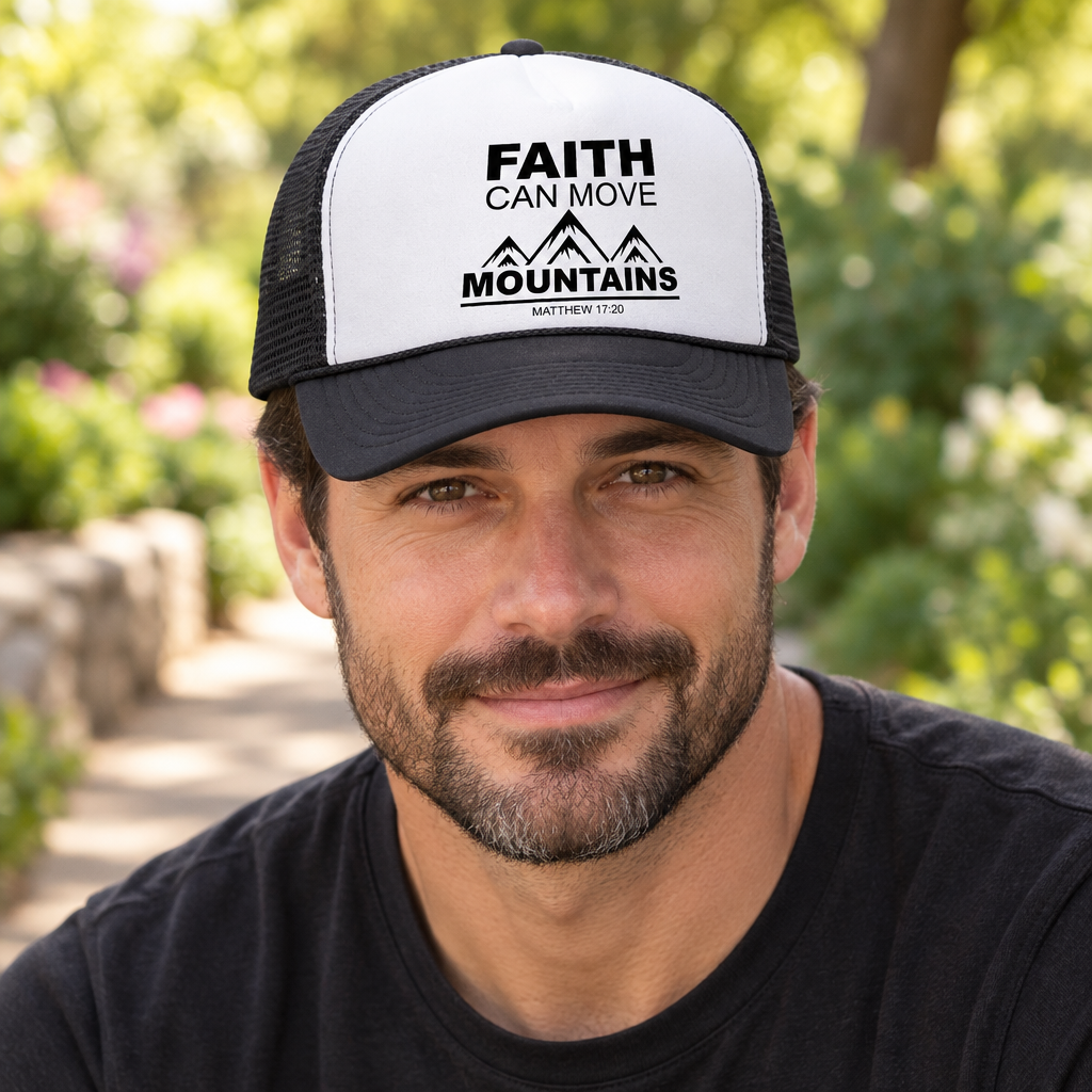 Faith Can Move Mountains — Black Trucker Hat — lifestyle hero