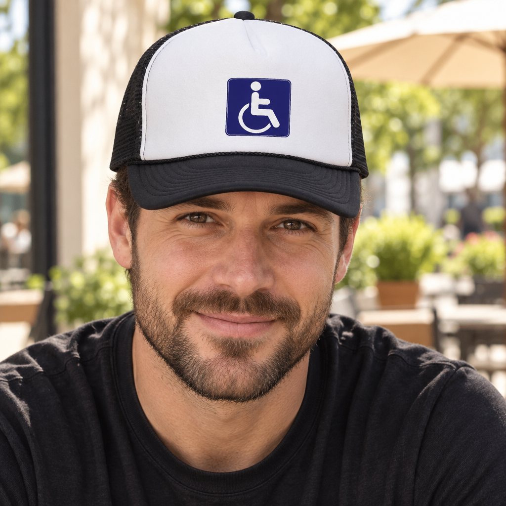Wheelchair Symbol — Black Trucker Hat — lifestyle hero