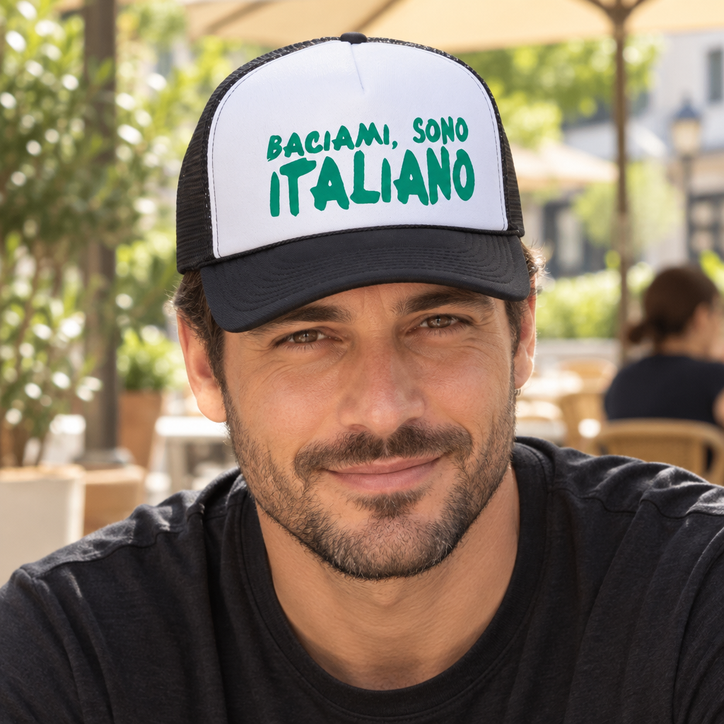 Baciami Sono Italiano — Black Trucker Hat — lifestyle hero