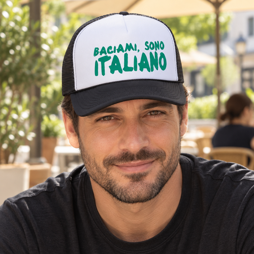 Baciami Sono Italiano — Black Trucker Hat — lifestyle hero