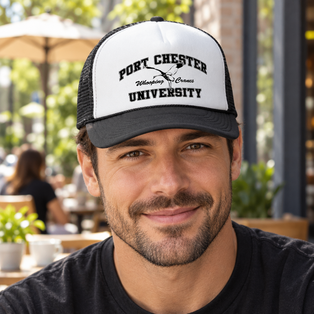 Port Chester Whooping Cranes — Black Trucker Hat — lifestyle hero