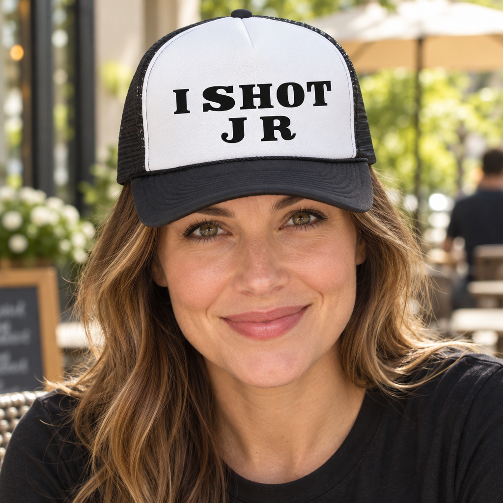 I Shot JR — Black Trucker Hat — lifestyle hero