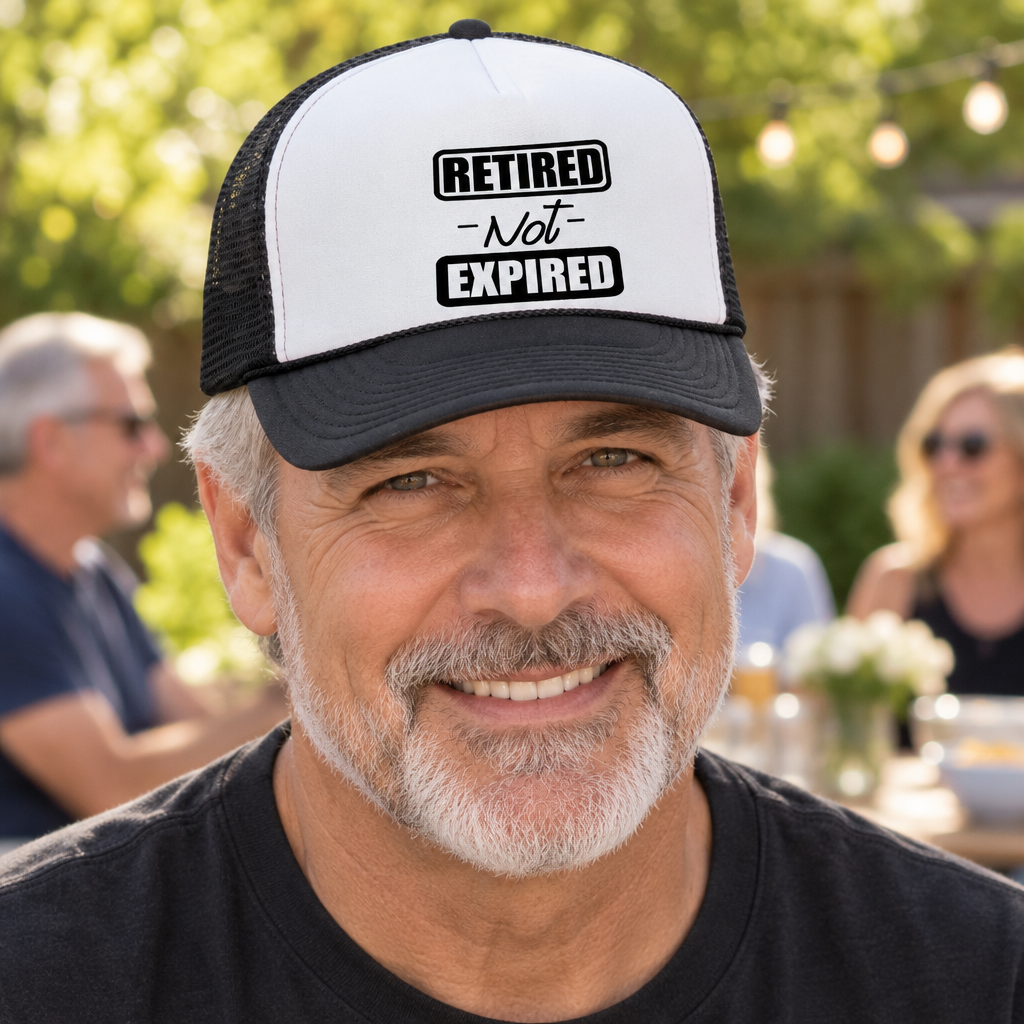 Retired Not Expired — Black Trucker Hat — lifestyle hero