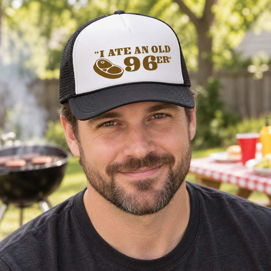 I Ate an Old 96er — Black Trucker Hat — lifestyle hero
