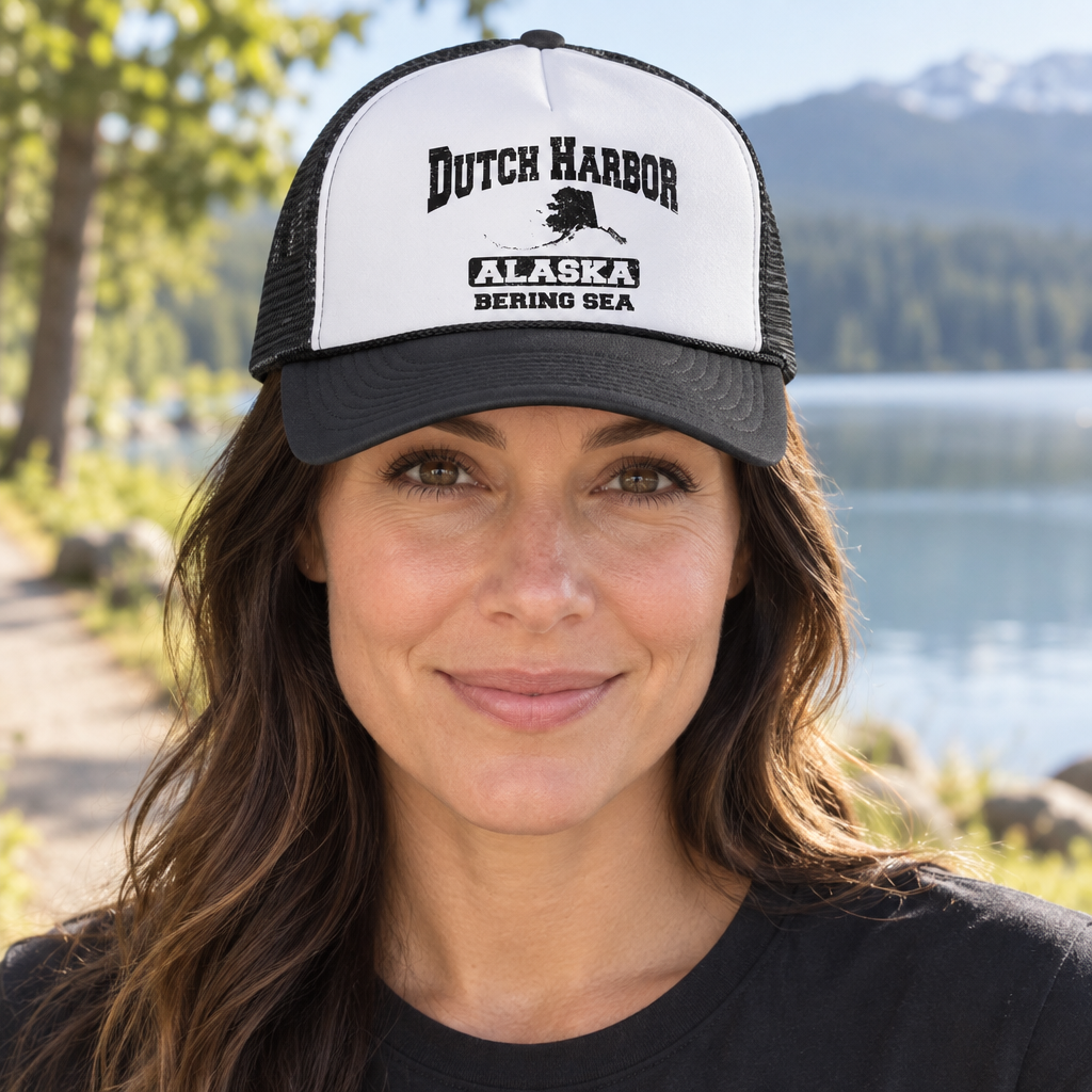Dutch Harbor Alaska — Black Trucker Hat — lifestyle hero