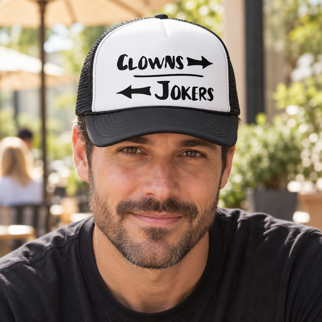 Clowns to the Left Jokers to the Right — Black Trucker Hat — lifestyle hero