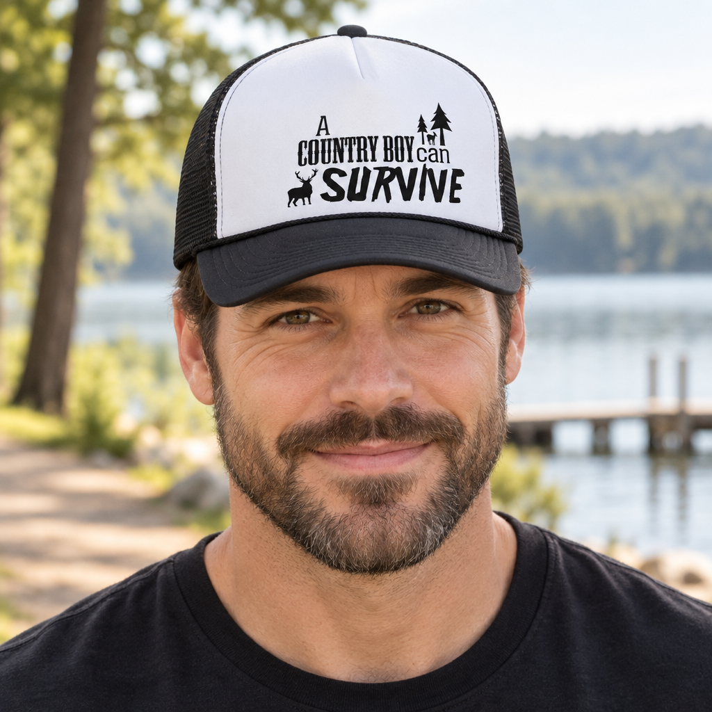 A Country Boy Can Survive — Black Trucker Hat — lifestyle hero