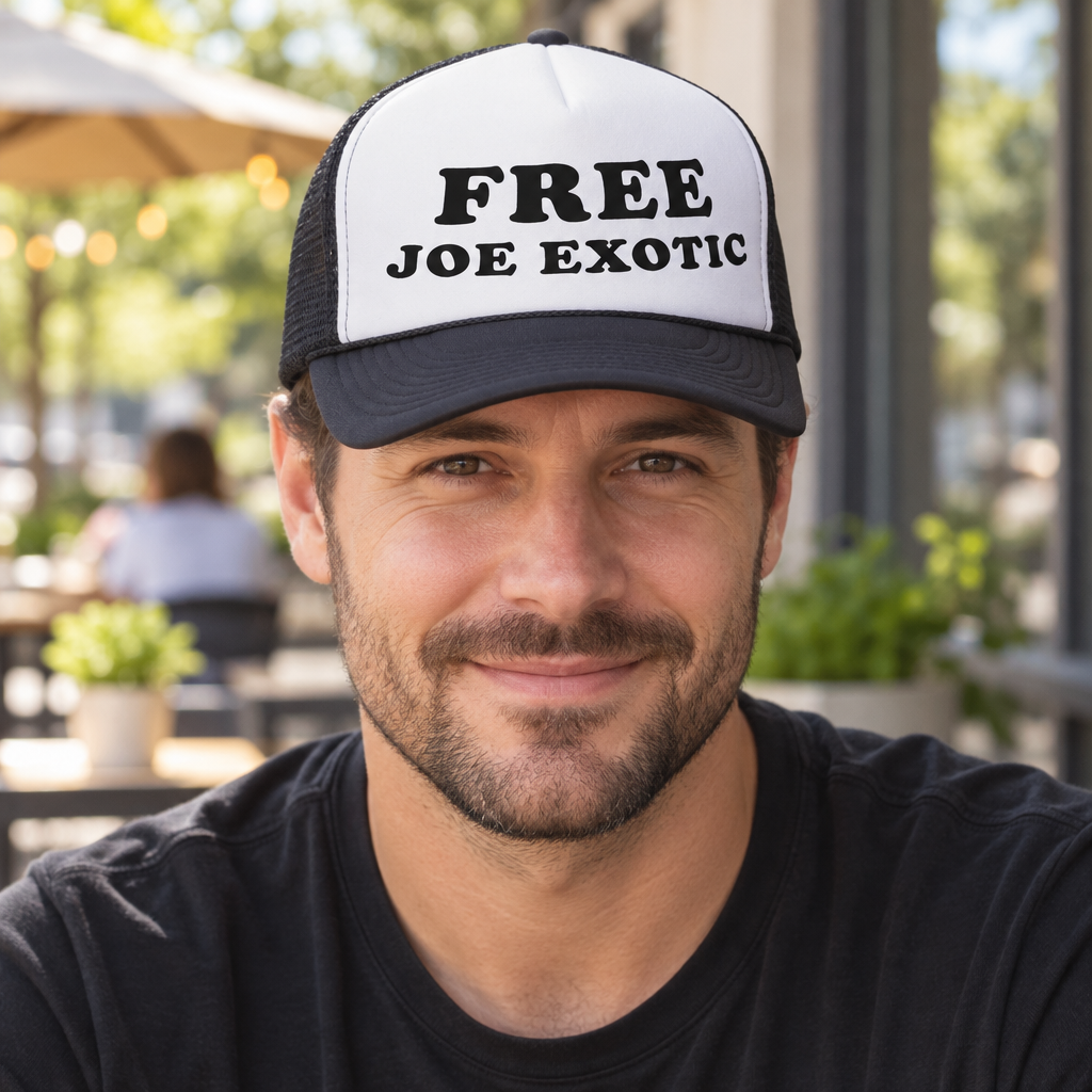 Free Joe Exotic 2020 — Black Trucker Hat — lifestyle hero