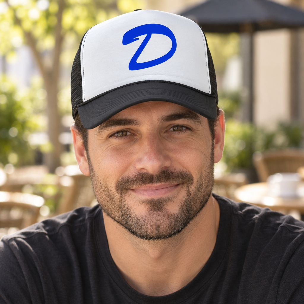 Blue D — Black Trucker Hat — lifestyle hero