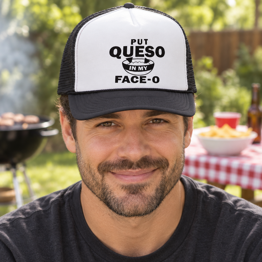 Put Queso in My Face-o — Black Trucker Hat — lifestyle hero