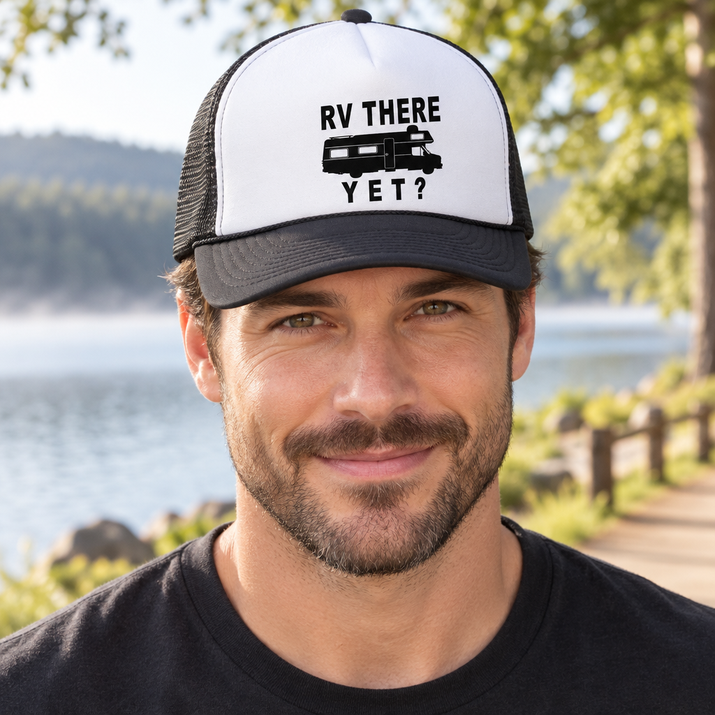 RV There Yet — Black Trucker Hat — lifestyle hero