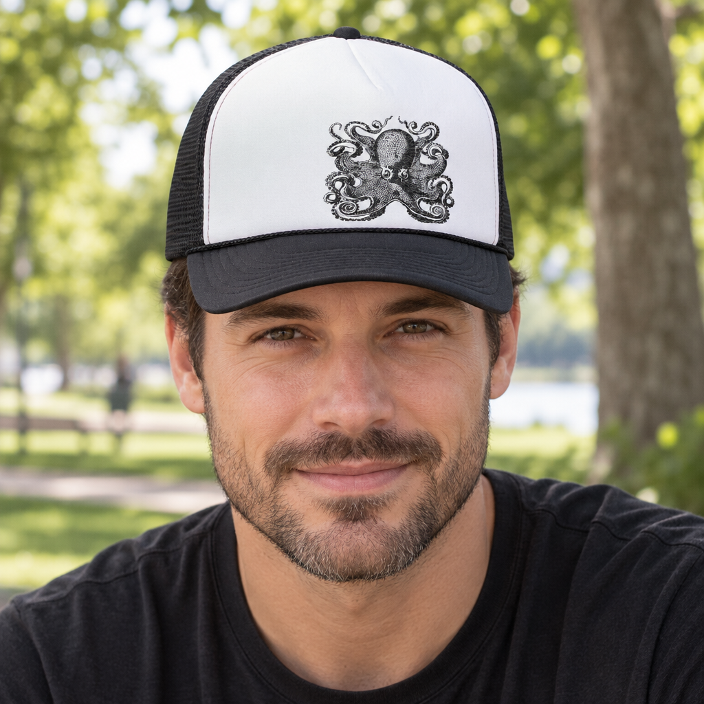 Octopus — Black Trucker Hat — lifestyle hero
