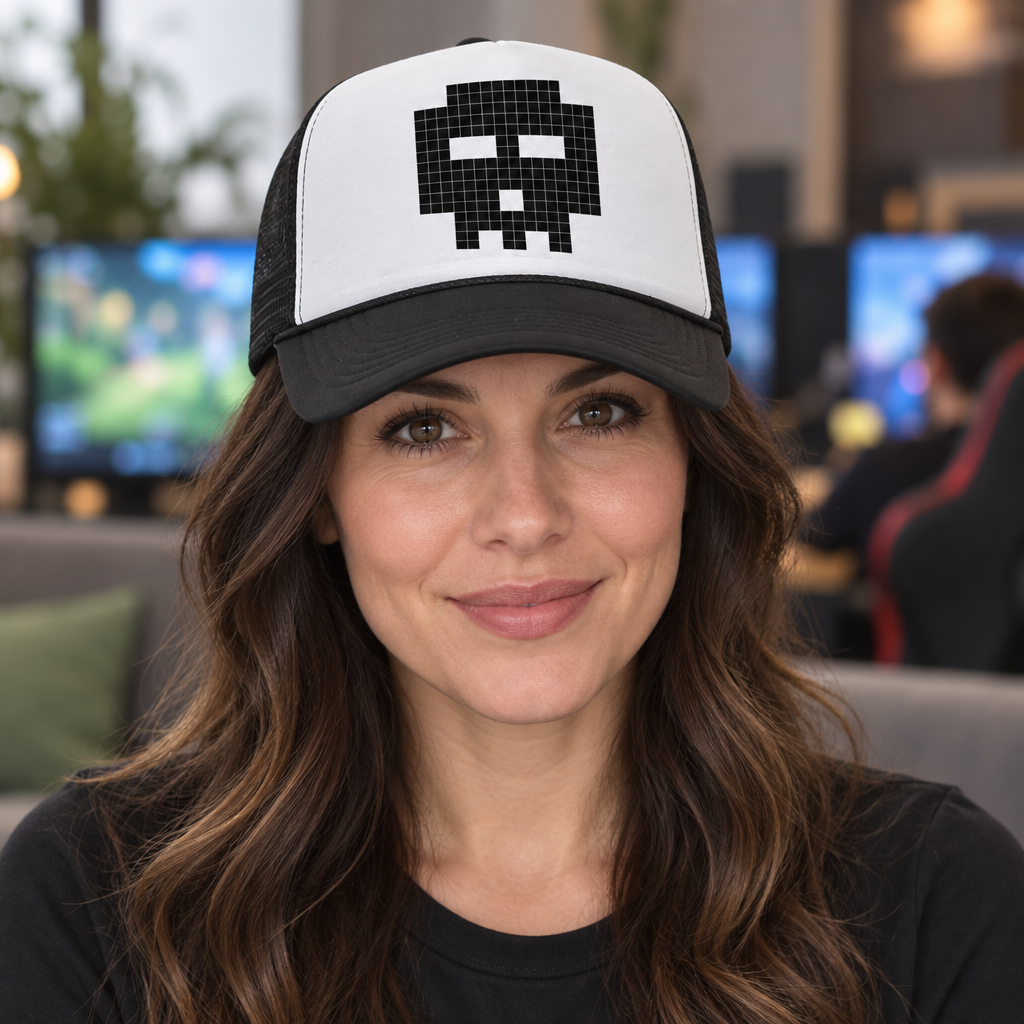 8 Bit Skull — Black Trucker Hat — lifestyle hero