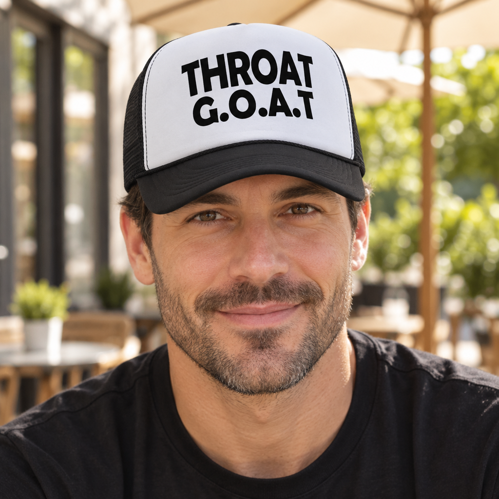 Throat GOAT — Black Trucker Hat — lifestyle hero