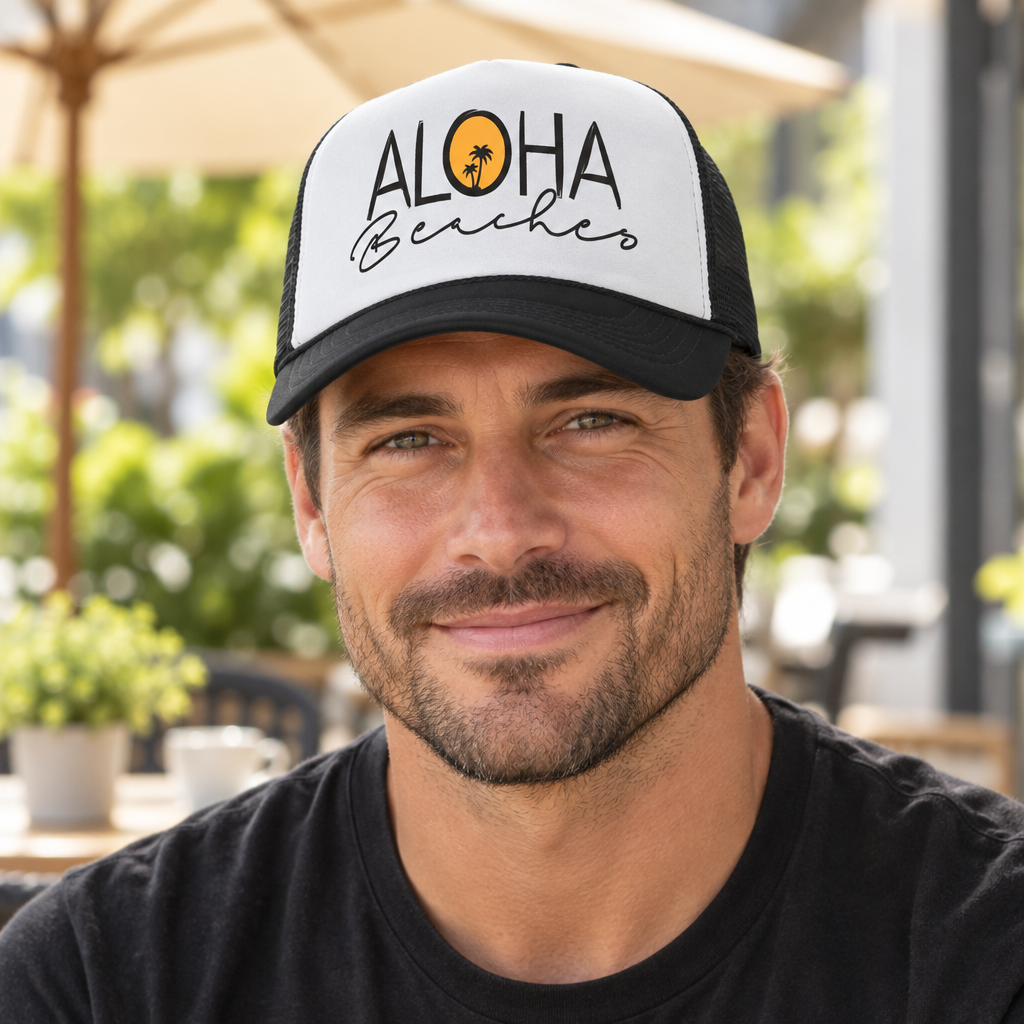 Aloha Beaches — Black Trucker Hat — lifestyle hero