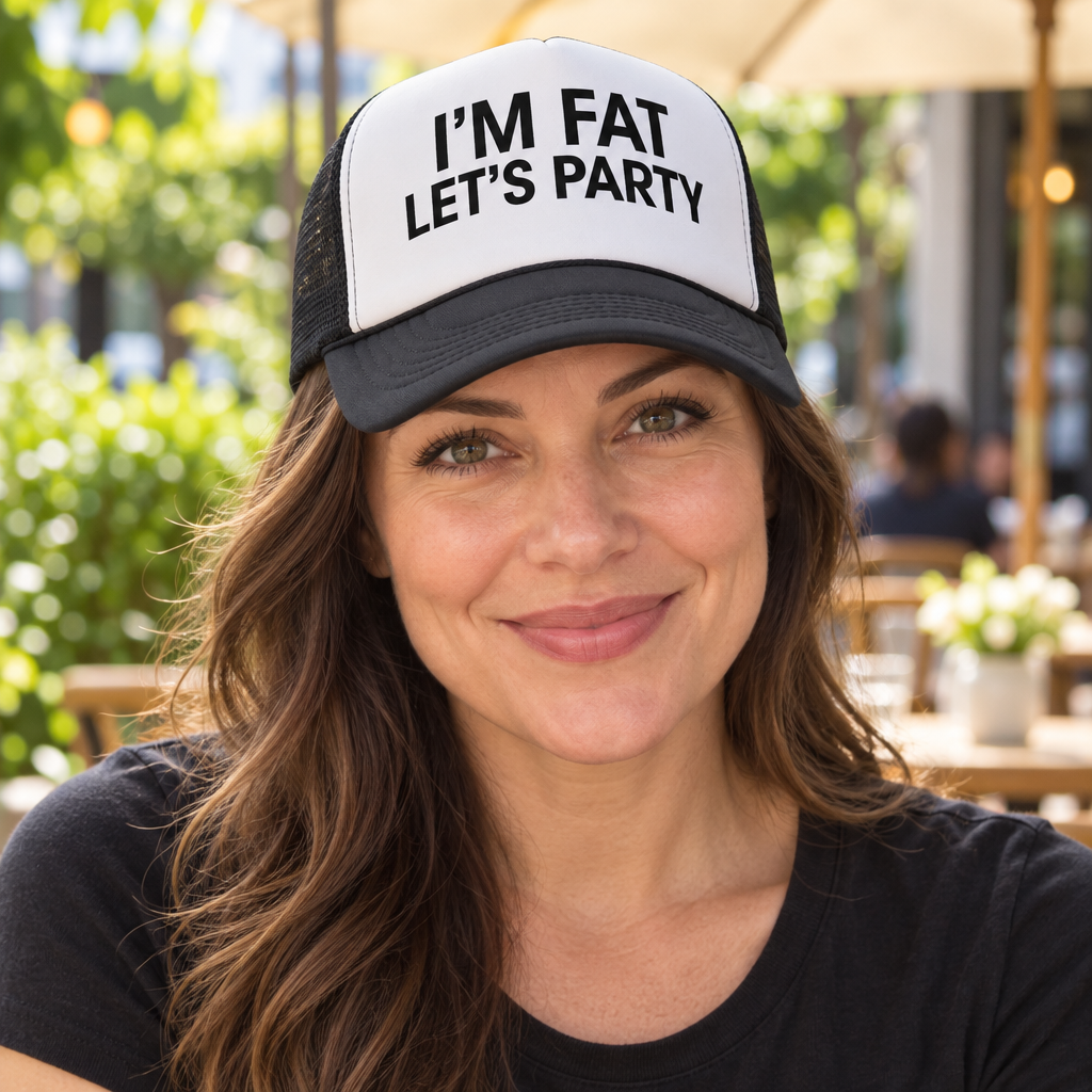 I'm Fat Let's Party — Black Trucker Hat — lifestyle hero