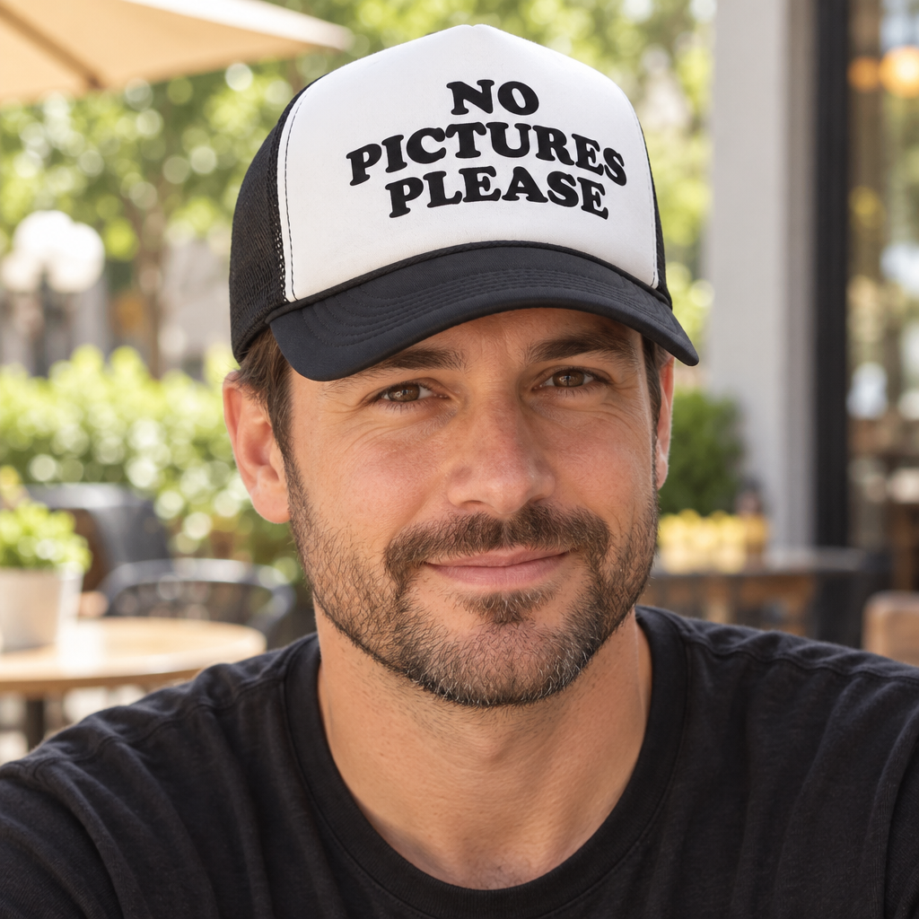 No Pictures Please — Black Trucker Hat — lifestyle hero