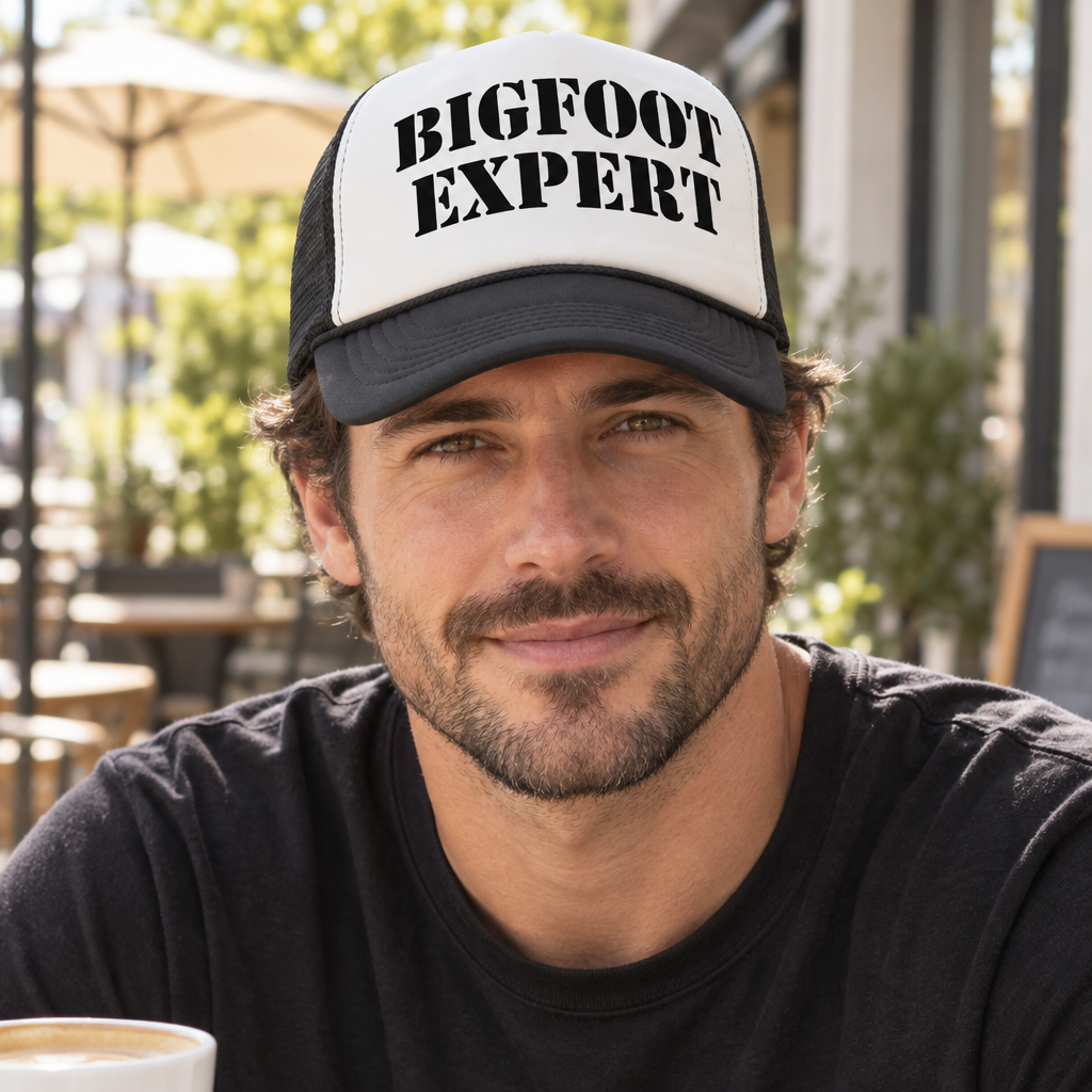 Bigfoot Expert — Black Trucker Hat — lifestyle hero