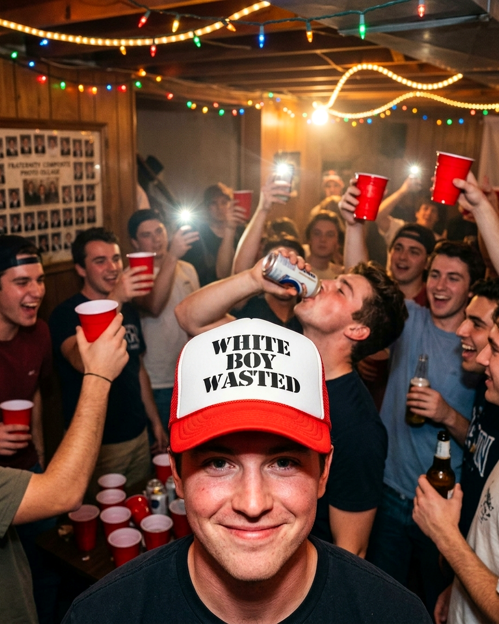 Person wearing the White Boy Wasted retro trucker hat at a frat party